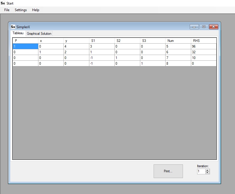 SimpleX displaying a solved tableau and iteration controls