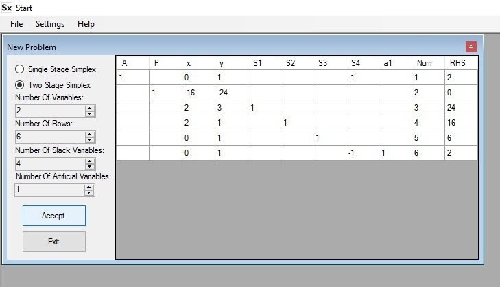 SimpleX's two-phase simplex input window with a filled initial tableau