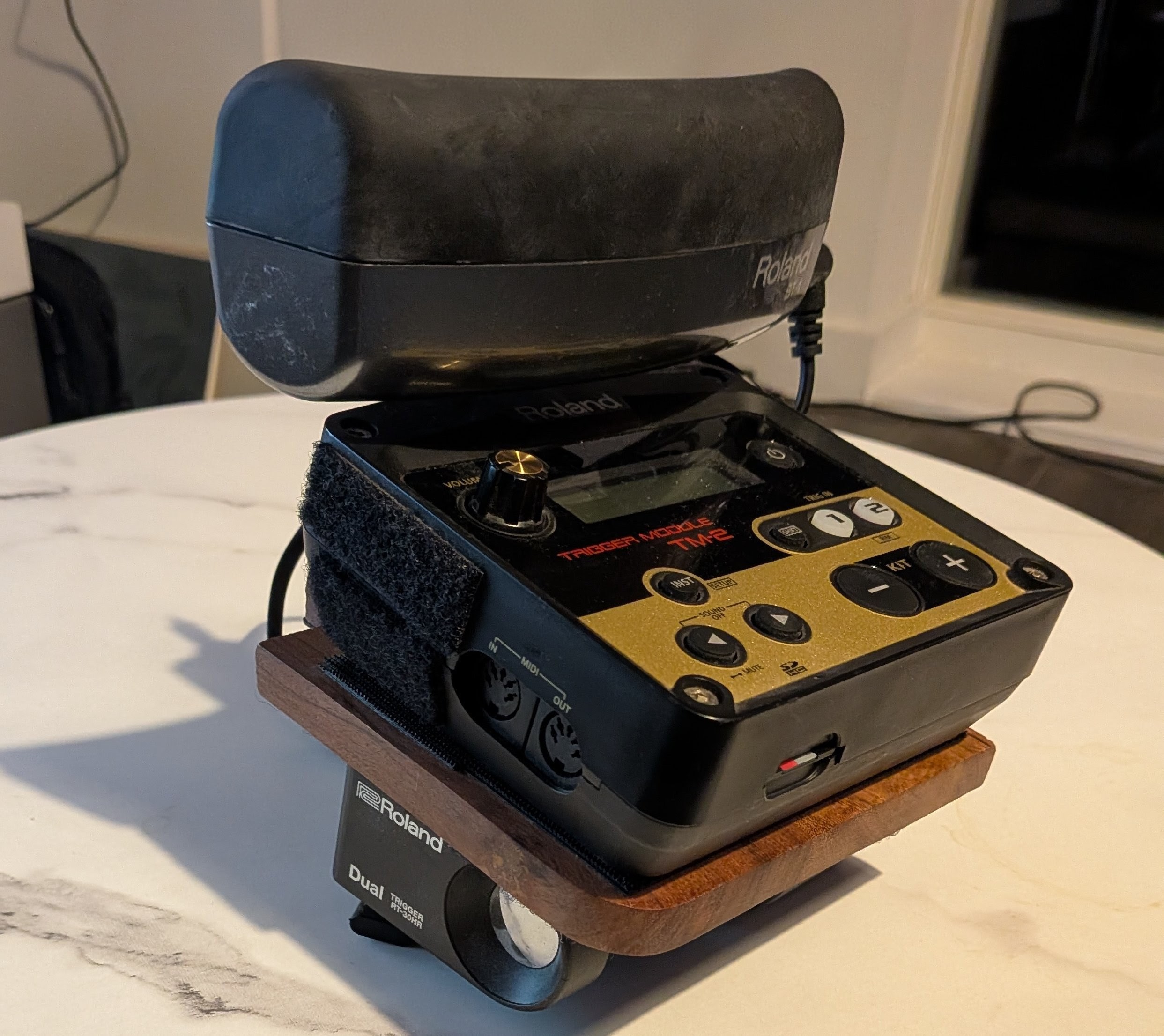 The finished compact hybrid drumming rig from above