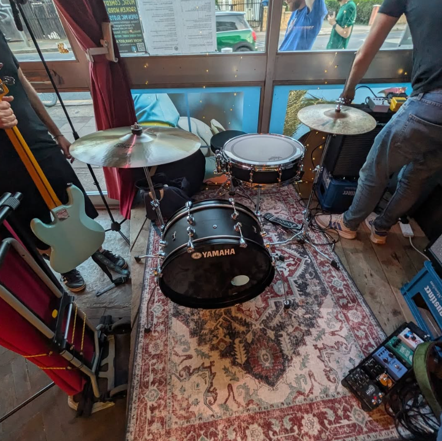 The nesting drum kit set up for its first gig