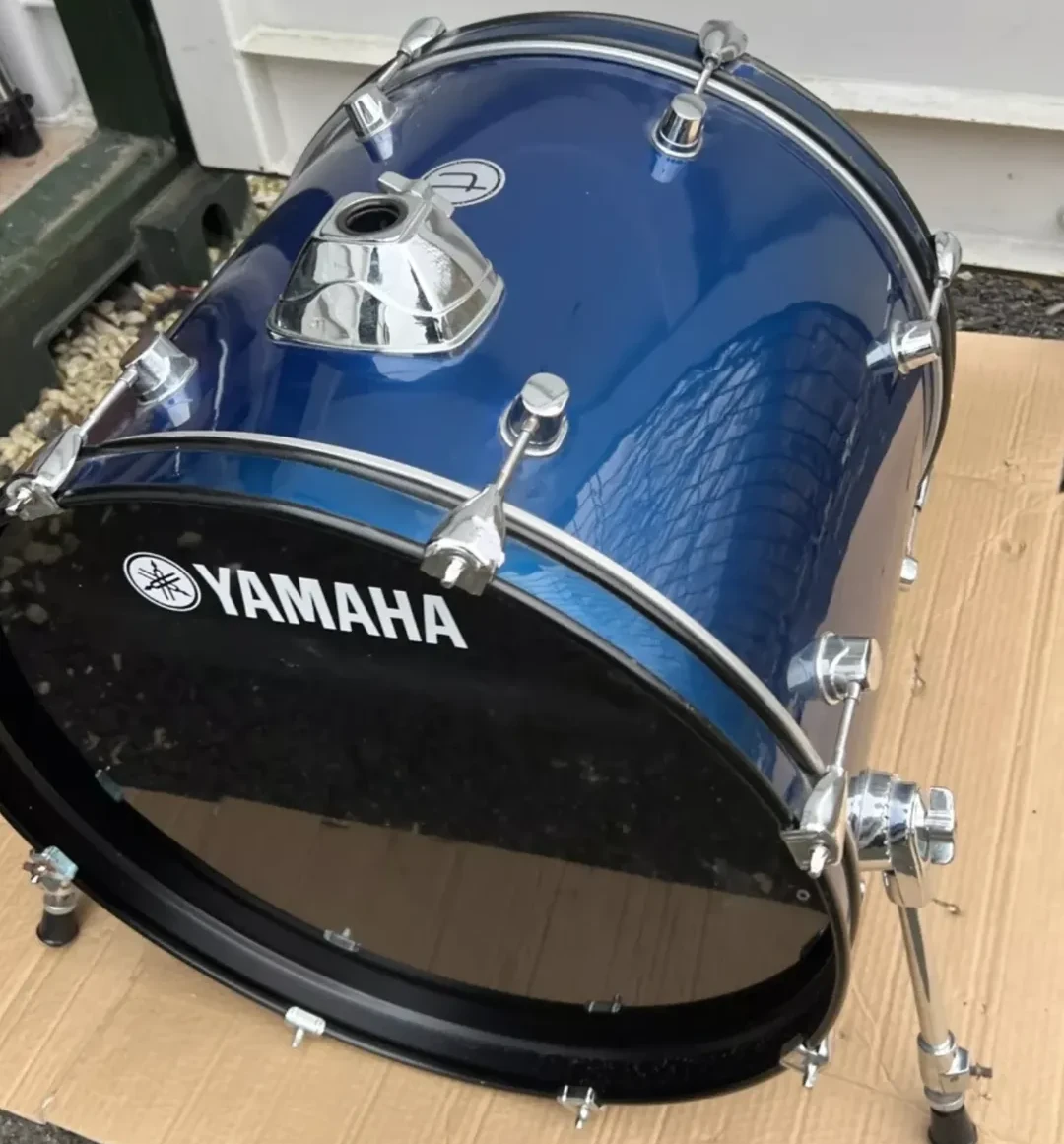 The original blue donor bass drum before refurbishment
