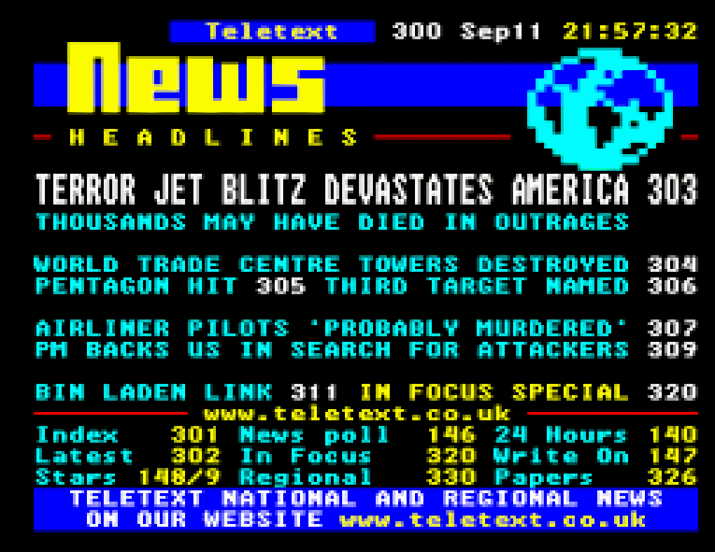 A colourful Teletext news page from 2001 with block graphics, headlines, and numbered navigation