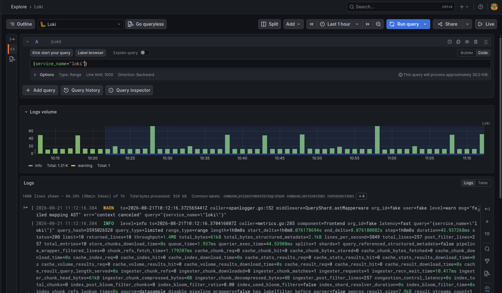 Grafana Explore view showing log entries from Loki