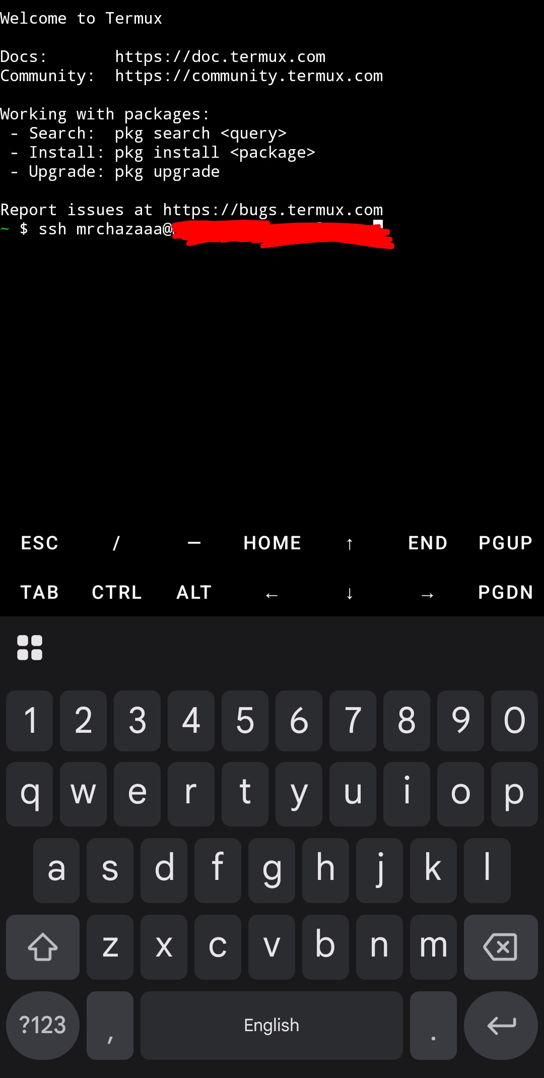 Termux open on my phone with an SSH command ready to connect to a home server