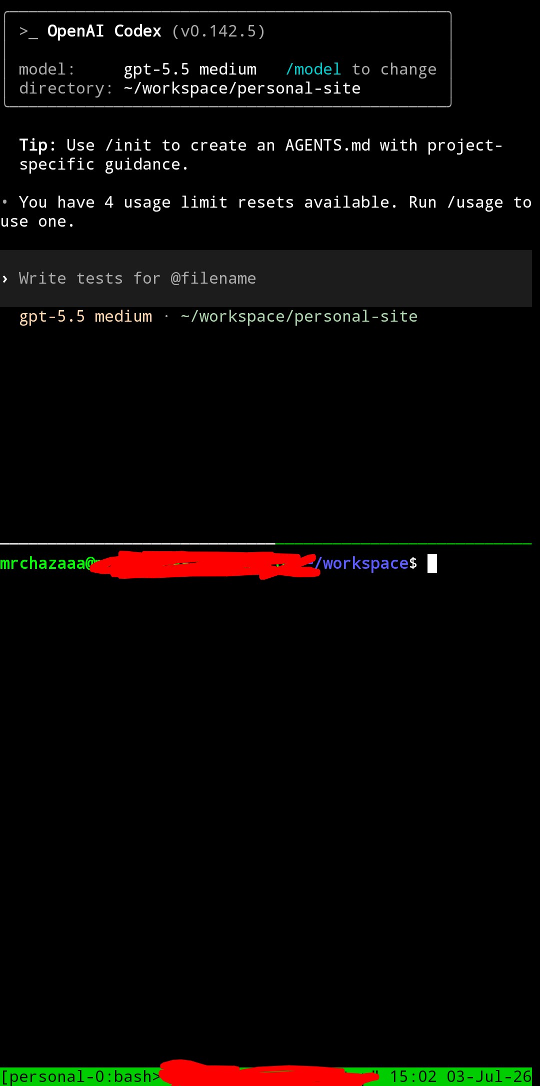 A tmux session on my phone with Codex running in the top pane and a blank terminal in the bottom pane